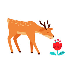 Adorable deer character  
smelling flower. Cute forest animal isolated on white background. Flat cartoon vector illustration. Nursery room decoration element. 