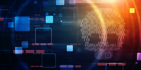 2d rendering Digital skull and crossbones on binary code