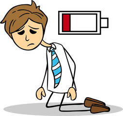 sad businessman with low battery using doodle art on white background