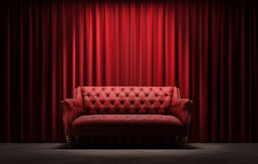 Theater stage with red sofa. 3d illustration