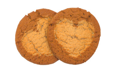 Two oatmeal cookies isolated on a white background, top view.