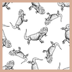 Seamless pattern of hand drawn sketch style bearded dragons isolated on white background. Vector illustration.