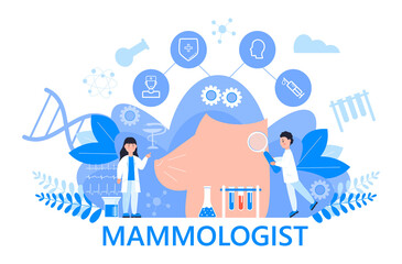 Mammologist concept vector for medical web, app, blog. Tiny doctors of mammology treat breast cancer. National breast cancer awareness month