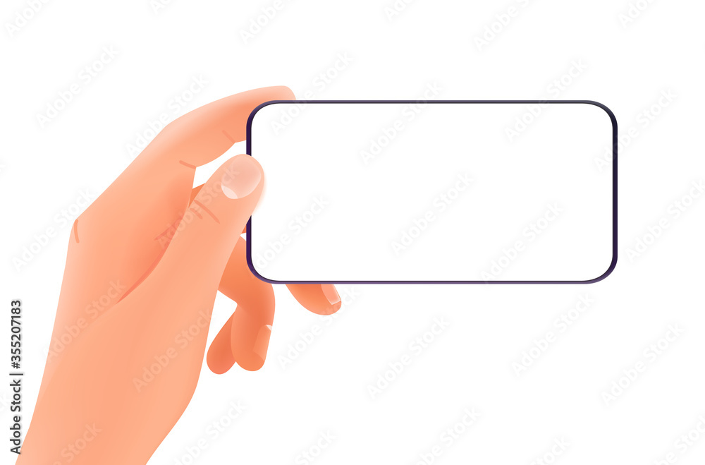 Poster smartphone in hands vector mockup isolated on white background. vectical orientation