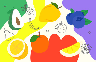 Creative doodle artistic wallpaper with fruits. Abstract background with color hand drawn geometric shapes. Sketchy style illustration