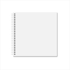 Blank white square notebook cover. Vector mock up ESP 10.  Vertical blank spiral copybook, organizer or diary with shadow on white background.