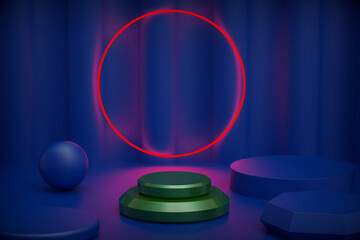 3D rendering of green metal and isolated gold pedestal on a blue background, red neon ring behind the pedestal, minimalist abstract concept, white space,
