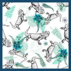 Seamless pattern of hand drawn sketch style bearded dragons and plants isolated on white background. Vector illustration.