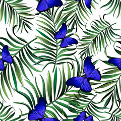 Tropical Seamless hand drawn exotic vector pattern with green palm leaves, butterflyes and hibiscus flower. Summer print for textile design.