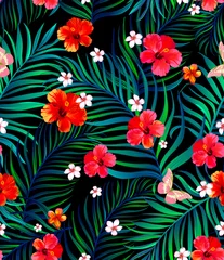 Tuinposter Vector tropical pattern with exotic flowers and palm leaves. Trendy summer background. Summer floral illustration. © Logunova  Elena