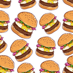 seamless pattern of tasty burger with egg and also with color and outline on white background