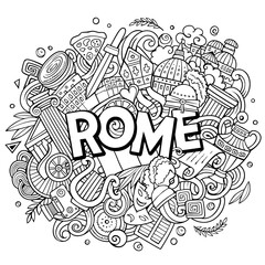 Rome hand drawn cartoon doodles illustration. Funny travel design.