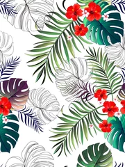 Tuinposter Vector tropical pattern with exotic flowers and palm leaves. Trendy summer background. Summer floral illustration. © Logunova  Elena