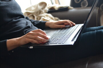 Working with the laptop at sofa.