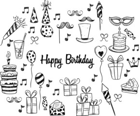Set of black and white birthday icons or elements using doodle art on white background
