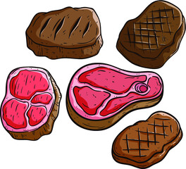 set of delicious beef or pork steak using doodle art with outline