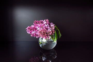 A small branch of lilac in a round glass vase on a black background.