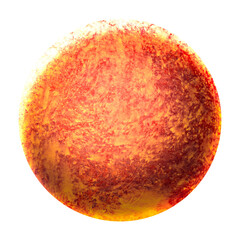 A volumetric ball with a texture like the planet Mars. Texture in a circle of orange drawn by watercolor. Colorful planet for design.