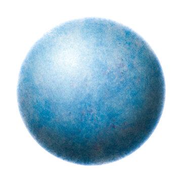 Planet of blue color isolated on a white background. Volumetric planet painted in watercolor. The texture in the circle. Art ball.