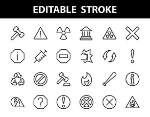 WARNINGS simple set of thin line vector icons. Contains icons such as warning, exclamation mark, reuse, warning sign and more. Editable stroke. Vector illustration
