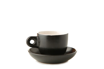 Black cup and saucer isolated on white background