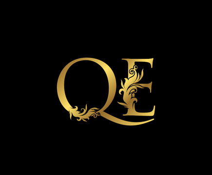 Heraldic Gold letter Q, E and QE Vintage decorative ornament letter stamp, wedding logo, classy letter logo icon.