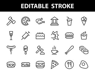 A simple set of fast food icons related to the vector line. Contains icons such as pizza, burger, sushi, bike, scrambled eggs and more. EDITABLE stroke. 480x480 pixels perfect, EPS 10