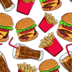 tasty fast food with cheese burger, french fries and soda or cola in seamless pattern using colored doodle art