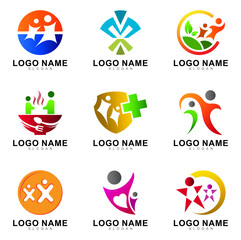 People play logo set, love kids, happy family, people community and charity logo collection