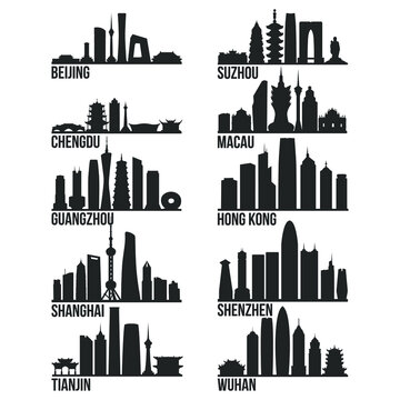 Most Famous China Cities Skyline City Silhouette Design Collection