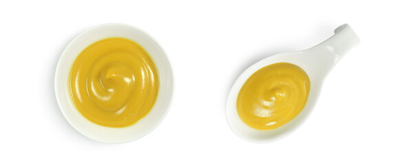 Mustard sauce in various ceramic bowls isolated on white background top view     
