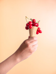 Hand holding an ice cream made with fresh cherries, isolated on light background