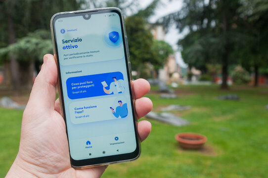  Man Check The Contact Tracer App Immuni, Developed For The Italian Government, To Monitor Covid-19 Infections In The Area.