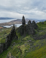 Old man of storr. Sharp rocks in Scotland on the Isle of Skye. Vertical nature photo.