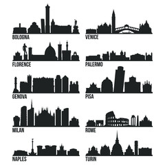 Italy Cities Most Famous Skyline City Silhouette Design Collection Set Pack - obrazy, fototapety, plakaty