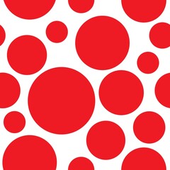 Seamless abstract pattern with big red circles and dots on white background.