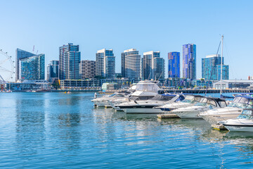Boats mooring at docklands neighborhood of Melbourne, Australia