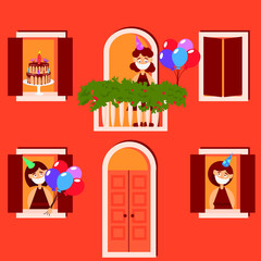 Vector drawing of a young girl's birthday celebration with cake, balloons on a colored background. People celebrate, congratulate, relax flat, cartoon. Registration of banners, printing on fabric