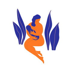 Beautiful woman with a child among the plants. Motherhood and childhood flat vector illustration.