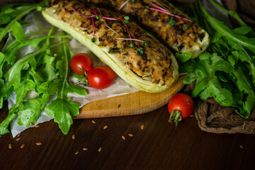 
Zucchini stuffed with chicken. Vegetables. Top view. Free space.