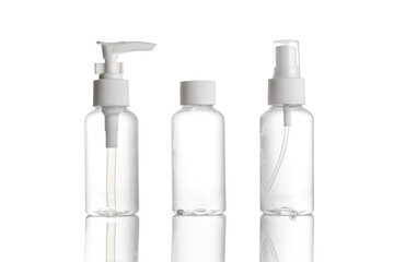 Sanitizer bottle. Empty clear plastic pump container for antiseptic gel, cosmetic soap and mineral...
