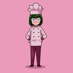 Cute Hand Drawn of Smiling Happy People Young Girl Chef Wearing Uniform With Glasses. Suitable For Children Kids Book, Mascot, Character, Sticker, T-Shirt, Logo, Cards. Cartoon Illustration. Doodle.