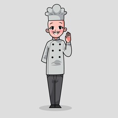 Cute Hand Drawn of Smiling Happy People Chef Wearing Uniform With Bald Head and Mustache. Suitable For Children Book, Mascot, Character, T-Shirt, Sticker, Logo, Cards. Cartoon Illustration. Doodle.