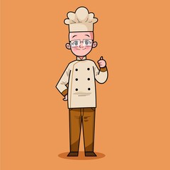 Cute Hand Drawn of Smiling Happy People Chef Wearing Uniform With Bald Head and Glasses. Suitable For Children Book, Mascot, Character, T-Shirt, Sticker, Logo, Cards. Cartoon Illustration. Doodle.