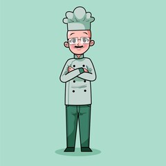 Cute Hand Drawn of Smiling Happy People Chef Wearing Uniform With Bald Head, Mustache and Glasses. Suitable For Children Book, Mascot, Character, T-Shirt, Sticker, Logo. Cartoon Illustration. Doodle.