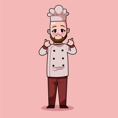 Cute Hand Drawn of Smiling Happy People Chef Wearing Uniform With Bald Head and Beard. Suitable For Children Book, Mascot, Character, T-Shirt, Sticker, Logo, Cards. Cartoon Illustration. Doodle.