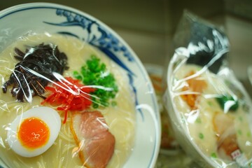 Artificial food made from candle  at Kappabashi, Tokyo, Japan. Japanese Ramen Noodle.