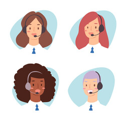 Fototapeta premium Cartoon avatar set of cute happy young women customer support phone operator with mix race nationality. Portrait of smiling girls, callcenter workers with headset. Client services and communication