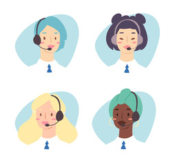 Cartoon avatar set of cute happy young women customer support phone operator with mix race nationality. Portrait of smiling girls, callcenter workers with headset. Client services and communication