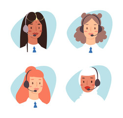 Cartoon avatar set of cute happy young women customer support phone operator with mix race nationality. Portrait of smiling girls, callcenter workers with headset. Client services and communication